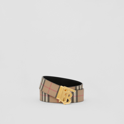 Shop Burberry Check And Leather Reversible Tb Belt In Black/archive Beige