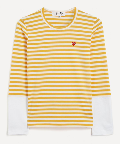 Shop Comme Des Garçons Play Women's Small Heart Logo Patch Striped T-shirt In Yellow / White