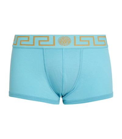 Shop Versace Greca Waistband Low-rise Trunks In Blue