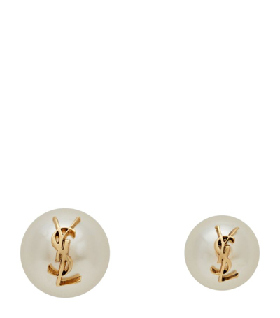 Shop Saint Laurent Mismatched Faux-pearl Monogram Earrings In White