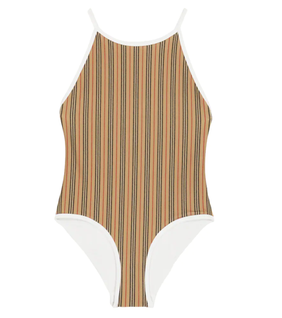 Shop Burberry Icon Stripe Swimsuit In Archive Beige Ip S