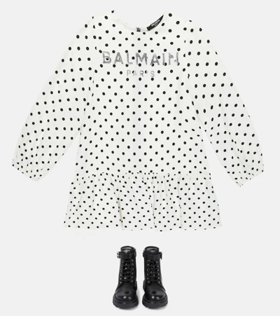 Shop Balmain Logo Polka-dot Dress In 100ne-bianco/nero