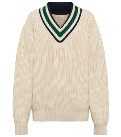 Tory Sport Tory Burch Cotton Ribbed Chevron V-neck Sweater In New Ivory/  Evergreen | ModeSens