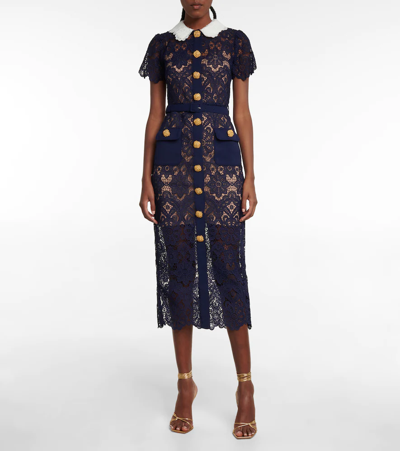 Shop Self-portrait Guipure Lace Midi Dress In Navy