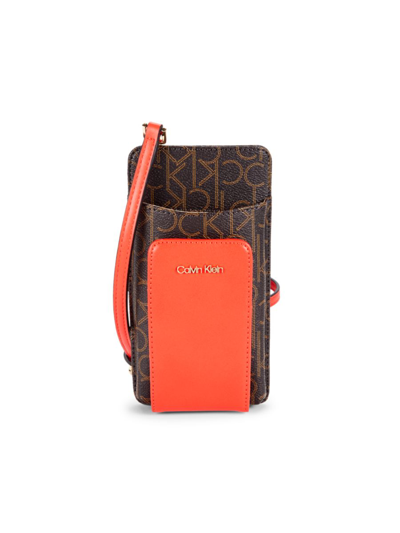 Shop Calvin Klein Women's Logo Faux Leather Phone Crossbody Bag In Orange