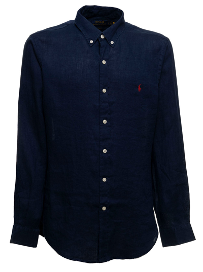 Shop Polo Ralph Lauren Man's Blue Linen Shirt With Logo