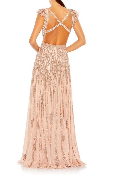 Shop Mac Duggal Sequin Vines Flutter Sleeve A-line Gown In Apricot
