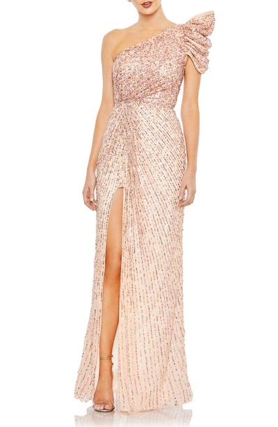 Shop Mac Duggal Sequin One-shoulder Tulle Column Gown In Apricot