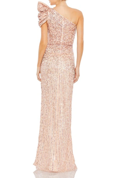 Shop Mac Duggal Sequin One-shoulder Tulle Column Gown In Apricot