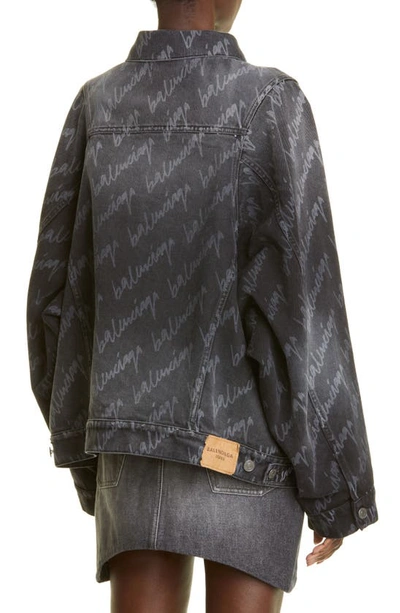 Shop Balenciaga Logo Script Denim Jacket In Stonewash Black