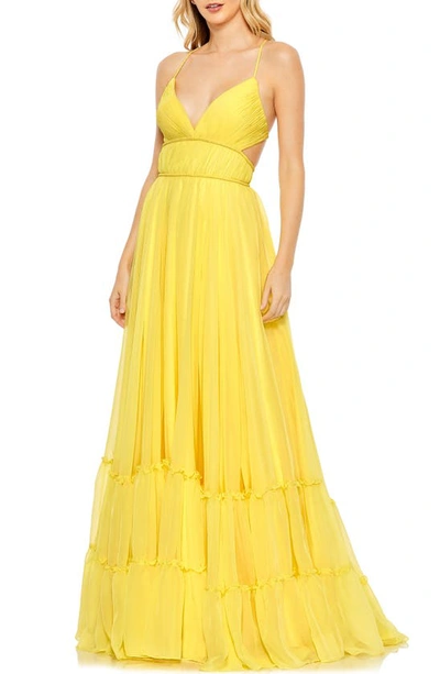 Shop Mac Duggal Empire Waist Tiered Chiffon Gown In Buttercup