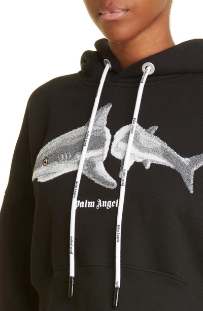 Shop Palm Angels Shark Appliqué Crop Cotton Hoodie In Black White