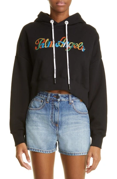 Shop Palm Angels Embroidered Rainbow Crop Cotton Logo Hoodie In Black Multicolor