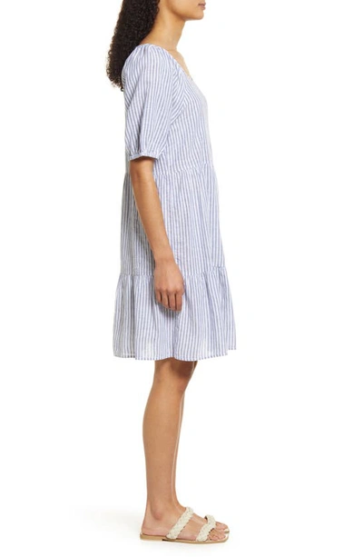 Shop Beachlunchlounge Luca Puff Sleeve Linen & Cotton A-line Dress In Blue Pigeon