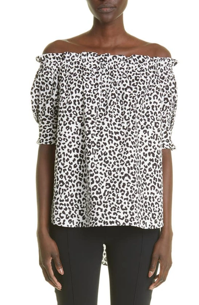 Adam Lippes Off The Shoulder High-low Stretch Cotton Poplin Blouse In White Black