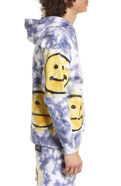 Market X Smiley Allover Print Tie-dye Hoodie Sweatshirt In Yellow Blue Tie-dye