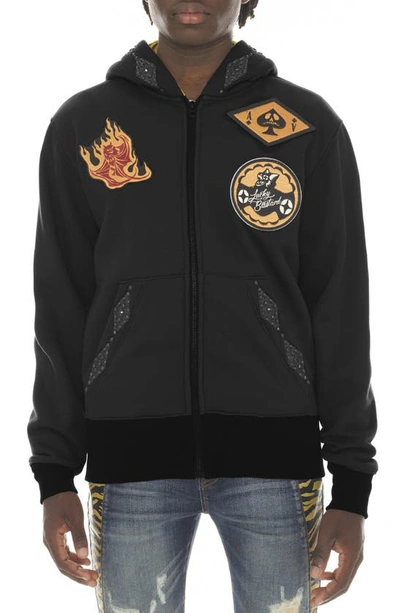 Shop Cult Of Individuality Embroidered Lucky Bastard Cotton Zip Hoodie In Black