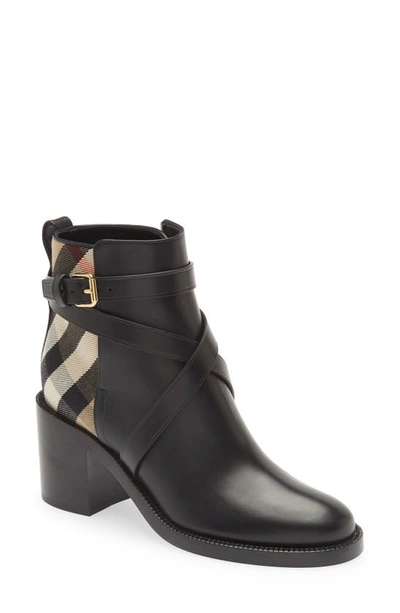 Shop Burberry Pryle Check Block Heel Bootie In Black-archive Beige