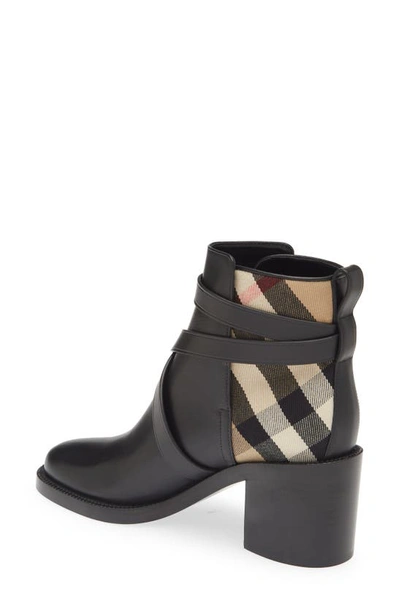 Shop Burberry Pryle Check Block Heel Bootie In Black-archive Beige