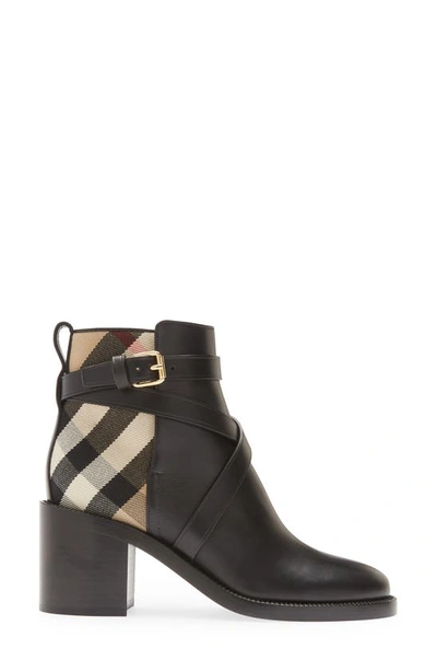 Shop Burberry Pryle Check Block Heel Bootie In Black-archive Beige