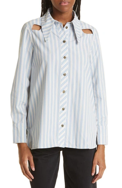 Shop Ganni Stripe Cutout Organic Cotton Button-up Top In Forever Blue