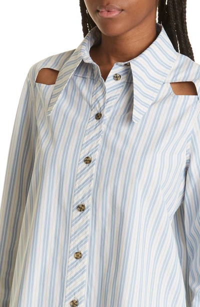Shop Ganni Stripe Cutout Organic Cotton Button-up Top In Forever Blue