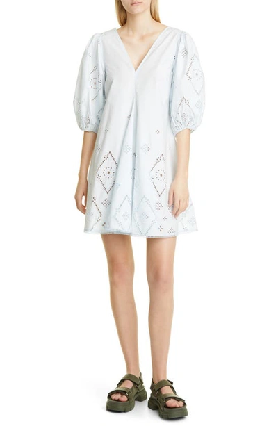 Shop Ganni Broderie Anglaise Organic Cotton Minidress In Illusion Blue