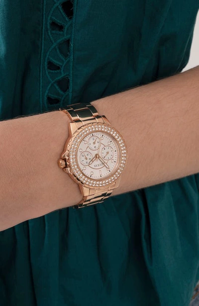 Shop Guess Rhinestone Multifunction Bracelet Watch, 36mm In Rose Gold Tone