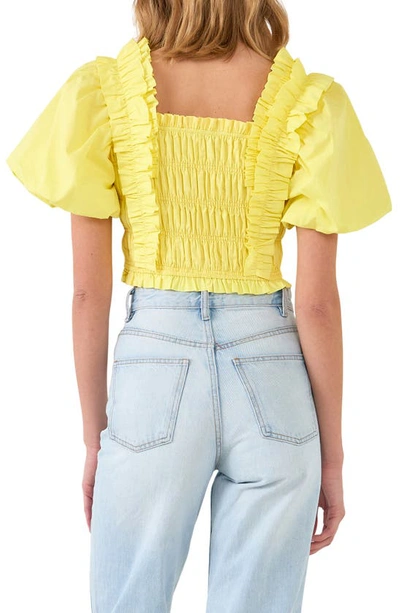 English Factory Shirred Bodice Puff Sleeve Cotton Crop Top In Yellow