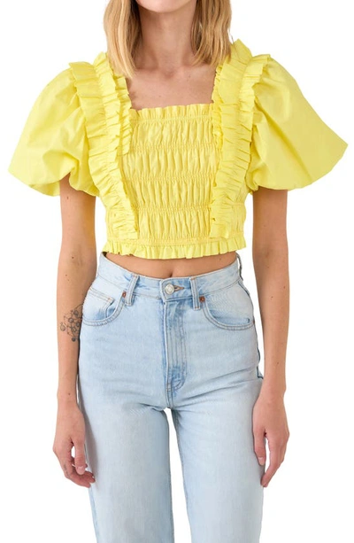 English Factory Shirred Bodice Puff Sleeve Cotton Crop Top In Yellow