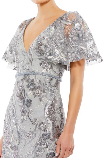 Shop Mac Duggal Embroidered Sequin Flutter Sleeve Gown In Platinum