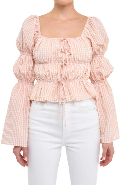 English Factory Front Tie Shirred Puff Sleeve Top In Blush