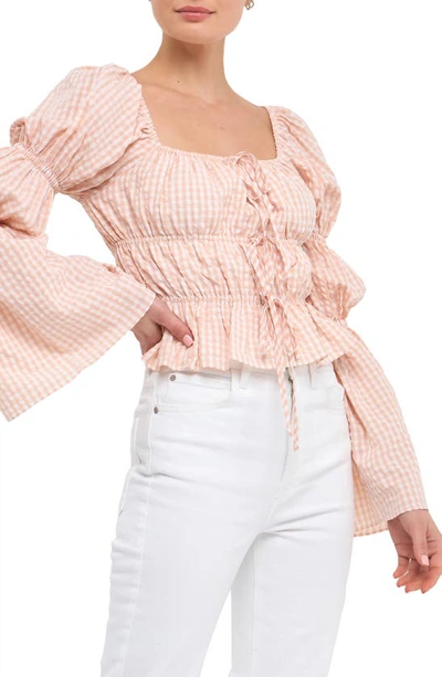 English Factory Front Tie Shirred Puff Sleeve Top In Blush