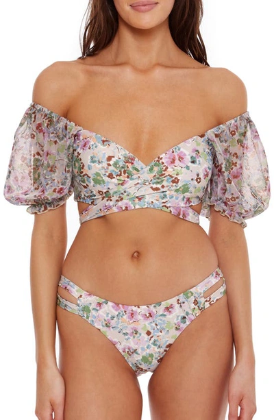 Shop Isabella Rose Puff Sleeve Tie Front Bikini Top In Multi