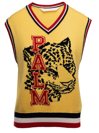 Shop Palm Angels Tiger Intarsia Knitted Vest In Yellow