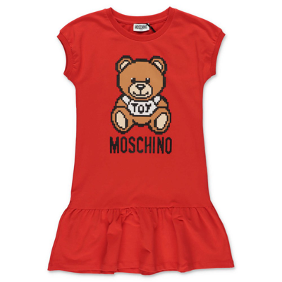 Shop Moschino Kids Teddy Bear Logo Printed Crewneck Dress In Red