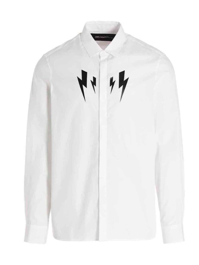 Shop Neil Barrett Mirrored Thunderbolt Print Loose Fit Shirt In White