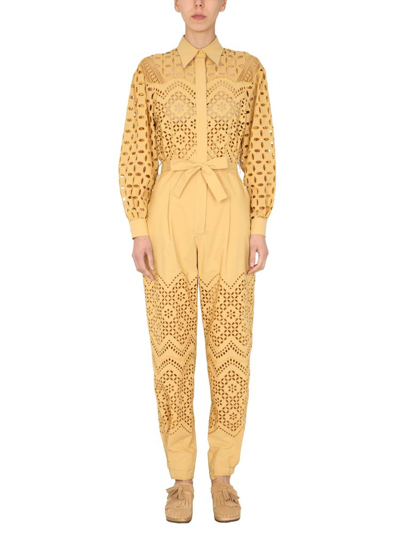 Shop Alberta Ferretti Embroidered Detail Belted Jumpsuit In Yellow