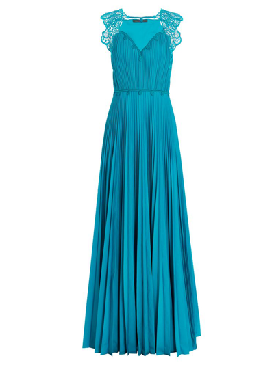 Shop Alberta Ferretti Lace Embellished Pleated Sleeveless Gown In Green