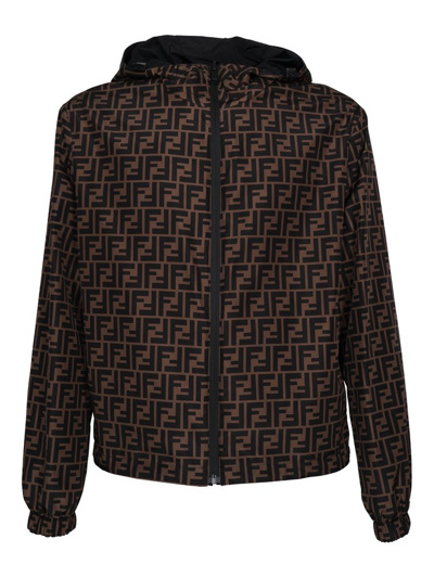 Shop Fendi Ff Printed Hooded Jacket In Brown