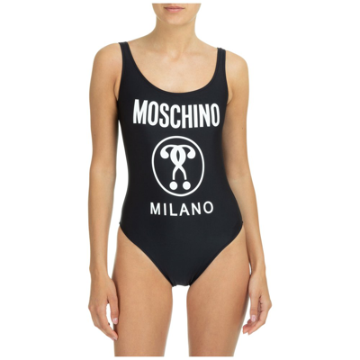 Shop Moschino Logo Printed Crewneck Swimsuit In Black
