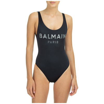 Shop Balmain Logo Detailed Crewneck Swimsuit In Black