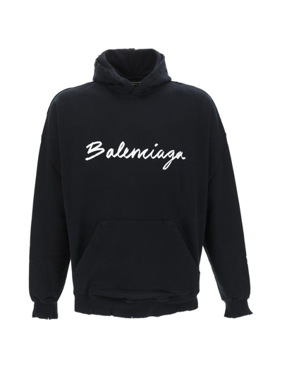 Shop Balenciaga Logo Printed Wide Fit Hoodie In Black