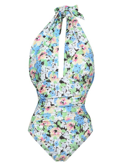 Shop Ganni Floral Printed Halterneck Swimsuit In Blue