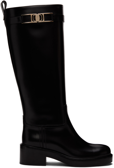 Shop Ferragamo Black Vara Chain Tall Boots In 002 Nero