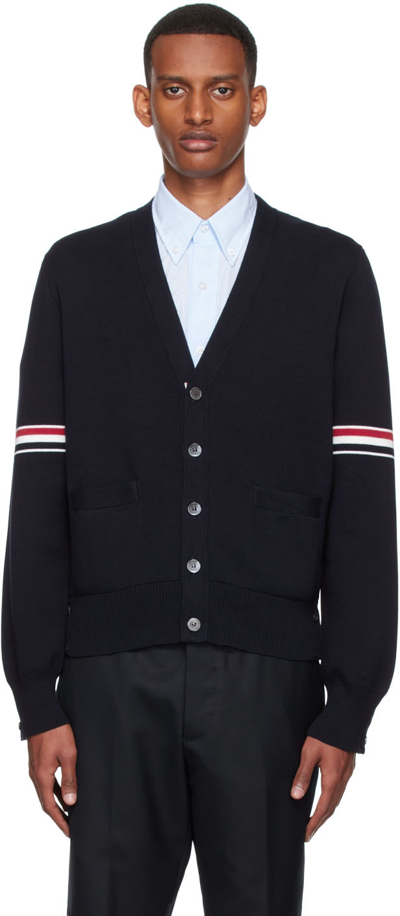 Shop Thom Browne Navy Cotton Cardigan In 415 Navy