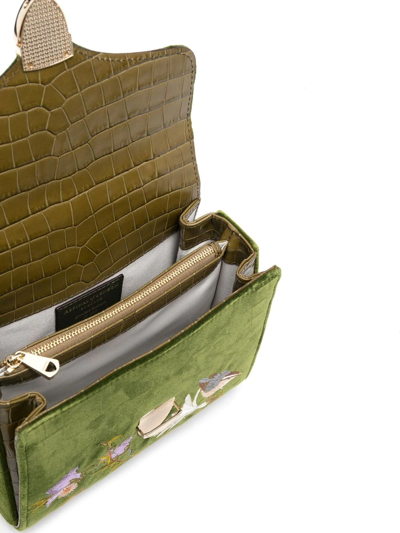 Aspinal Of London Mayfair Midi Green Leather Velvet English Garden Birds Hand Embroidered Bag In Green