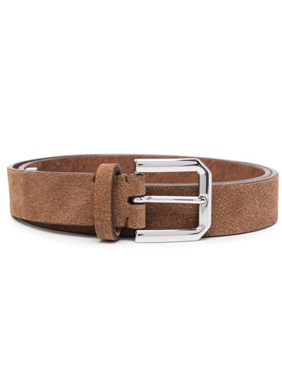 Shop Brunello Cucinelli Square-buckle Textured Belt In Brown
