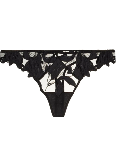 Fleur Du Mal Black Lily Embroidery Hipster Thong In Black