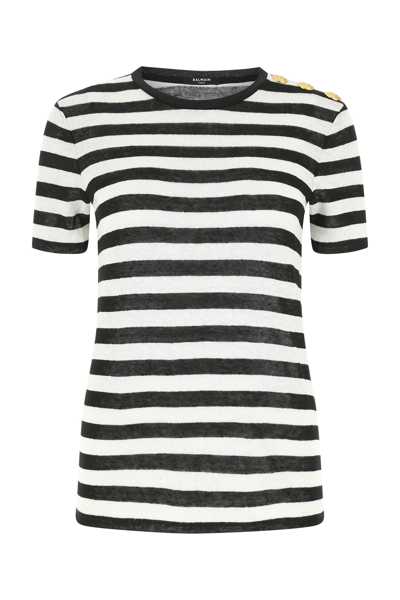 Gevoel Mineraalwater Geplooid Balmain Stripe Button Shoulder Linen T-shirt In White/black | ModeSens